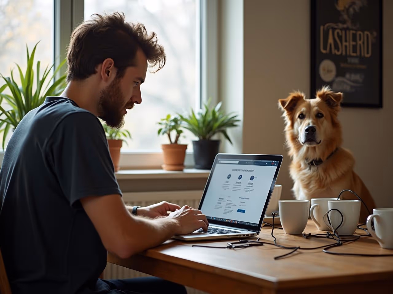 Man at desk with laptop, dog watching.