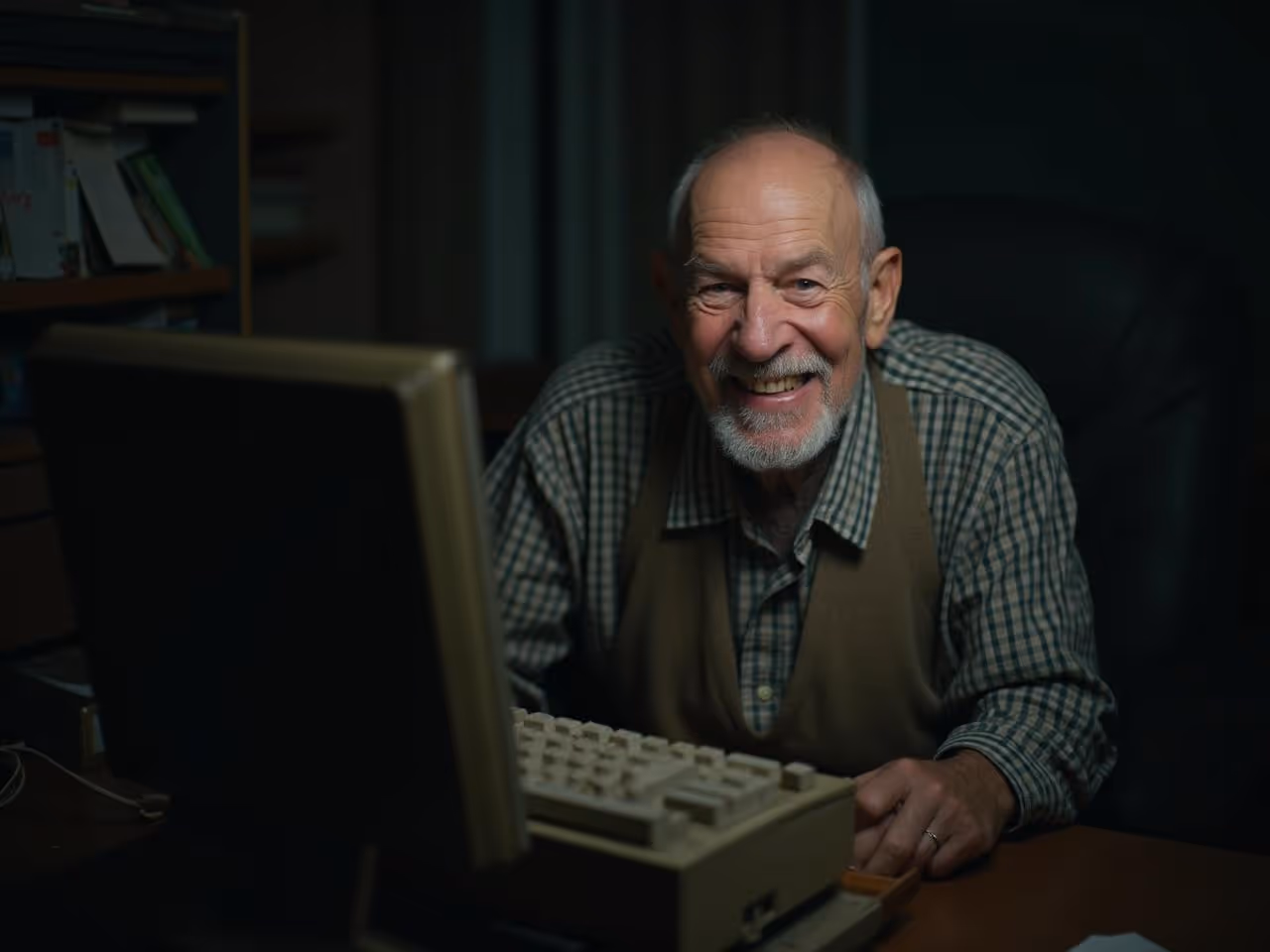 Old man in dark room using old computer.