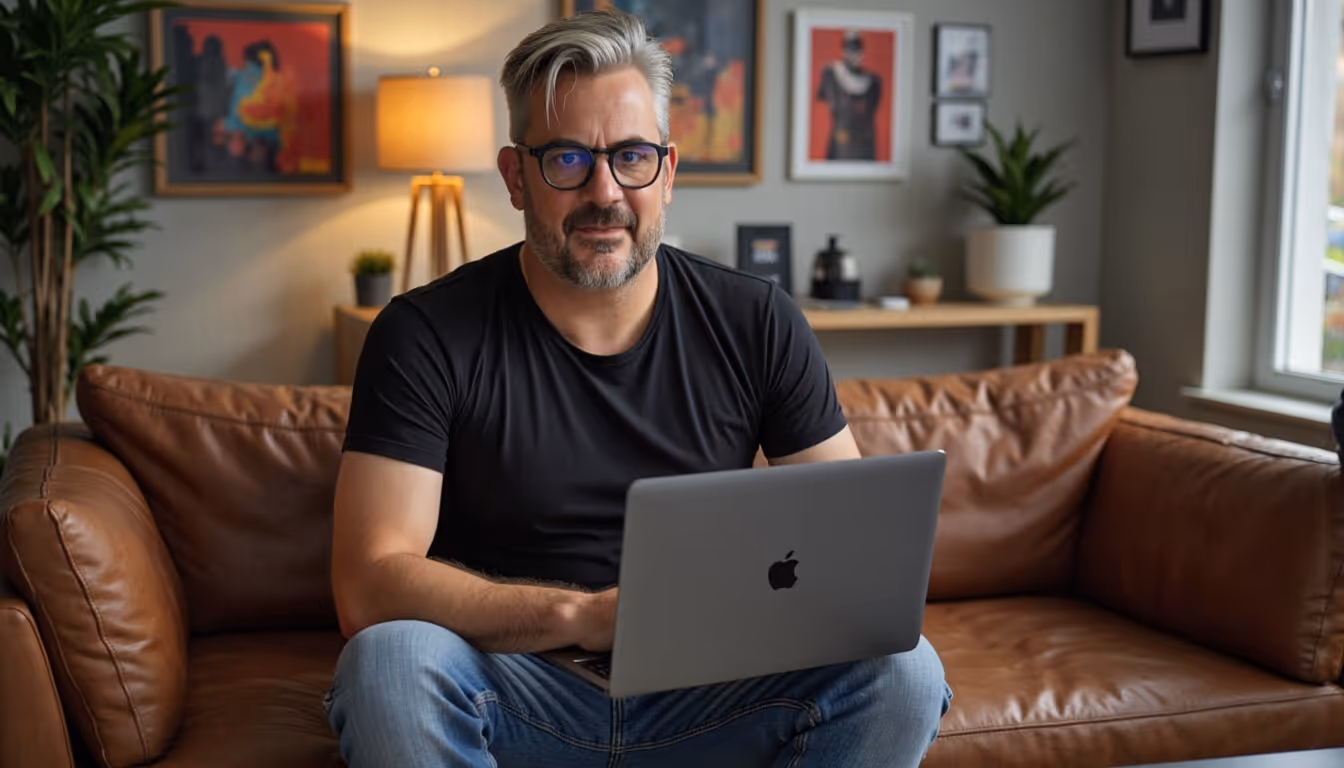 Man sitting on brown leather couch with laptop.