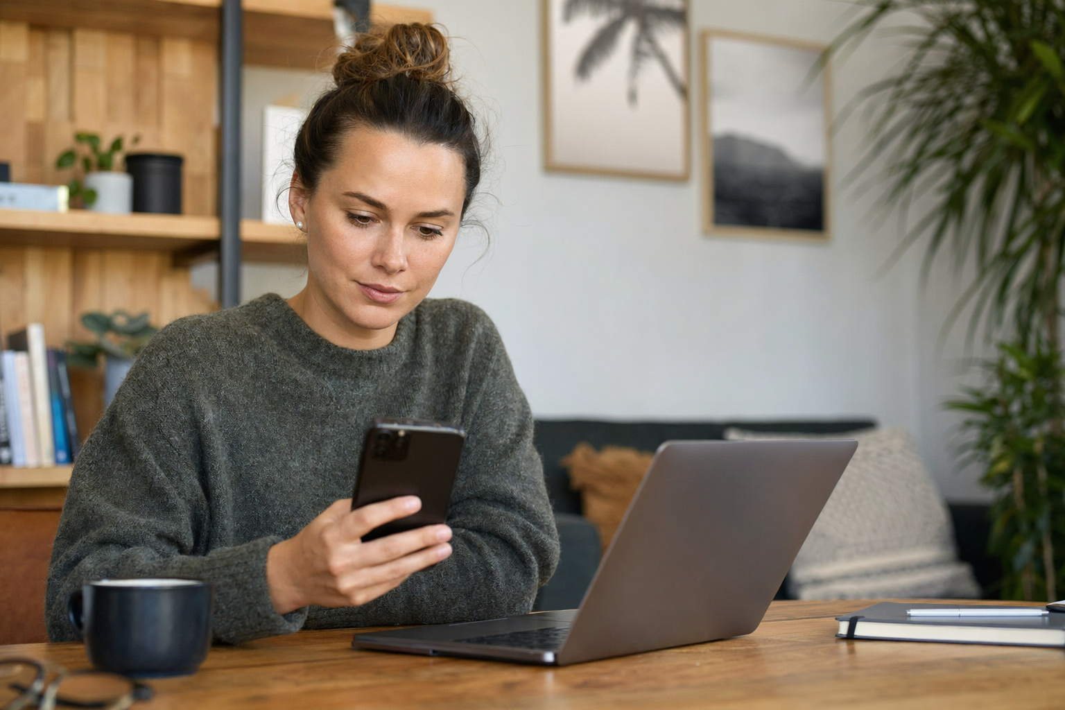 Woman sitting and scrolling on her phone while researching a web developer for a new website, reflecting NZ small business website cost decisions.